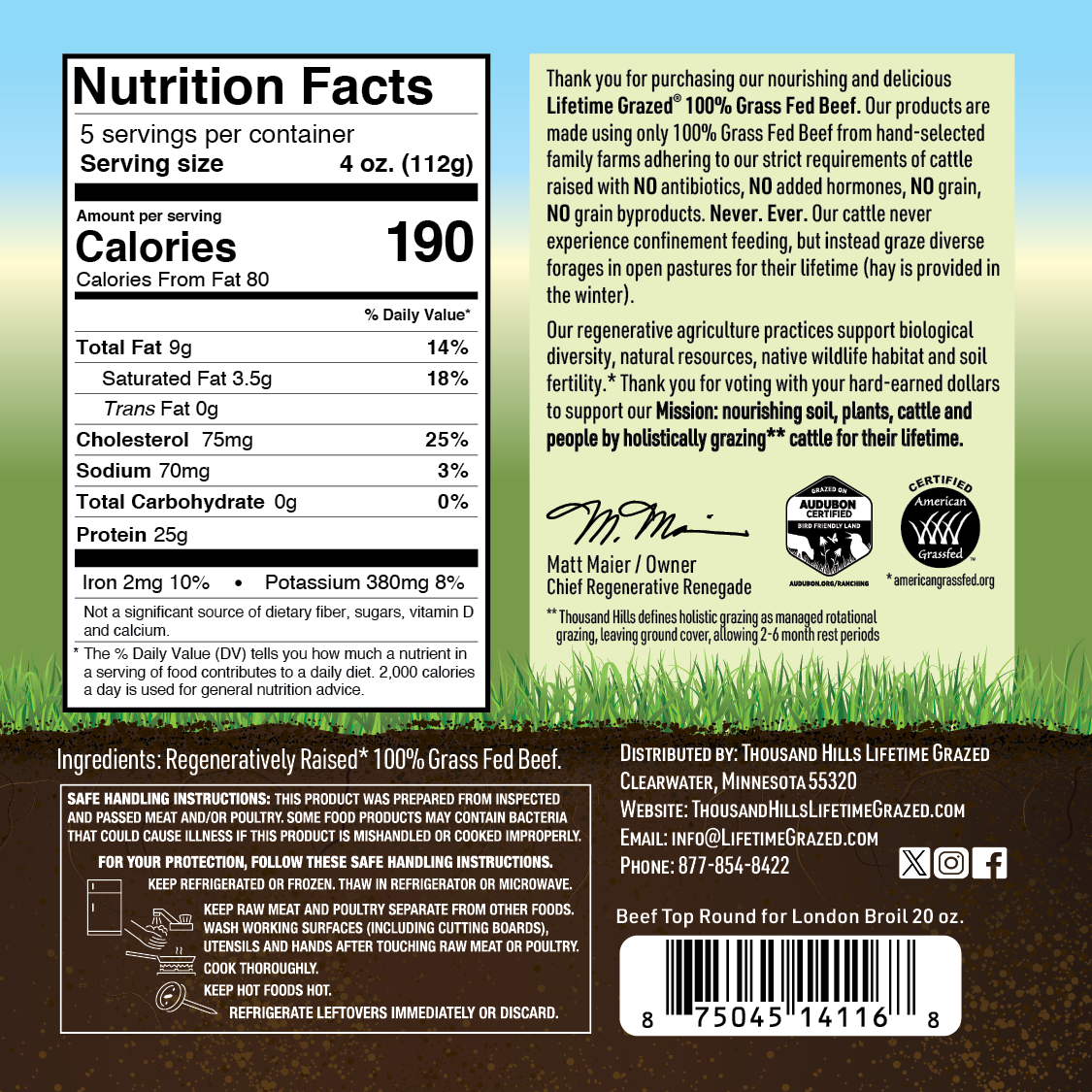 Back label for Grass Fed Beef Top Round For London Broil